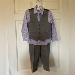 Van Heusen Gray Vest with Purple Checkered Shirt and Clip-on Tie